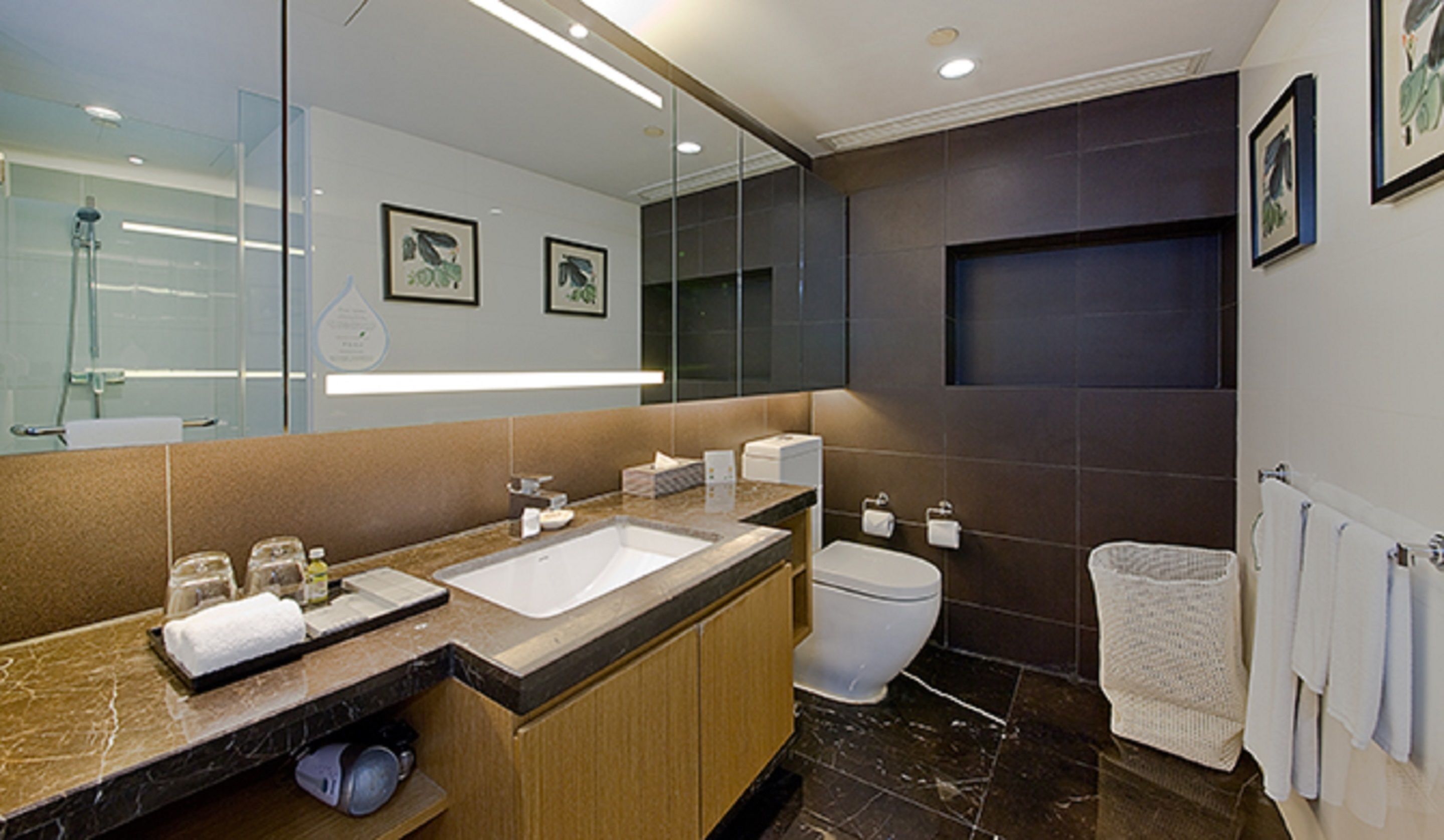 Een moderne badkamer met een grote spiegel, een wastafel met twee kommen, een toilet en een handdoekrek.