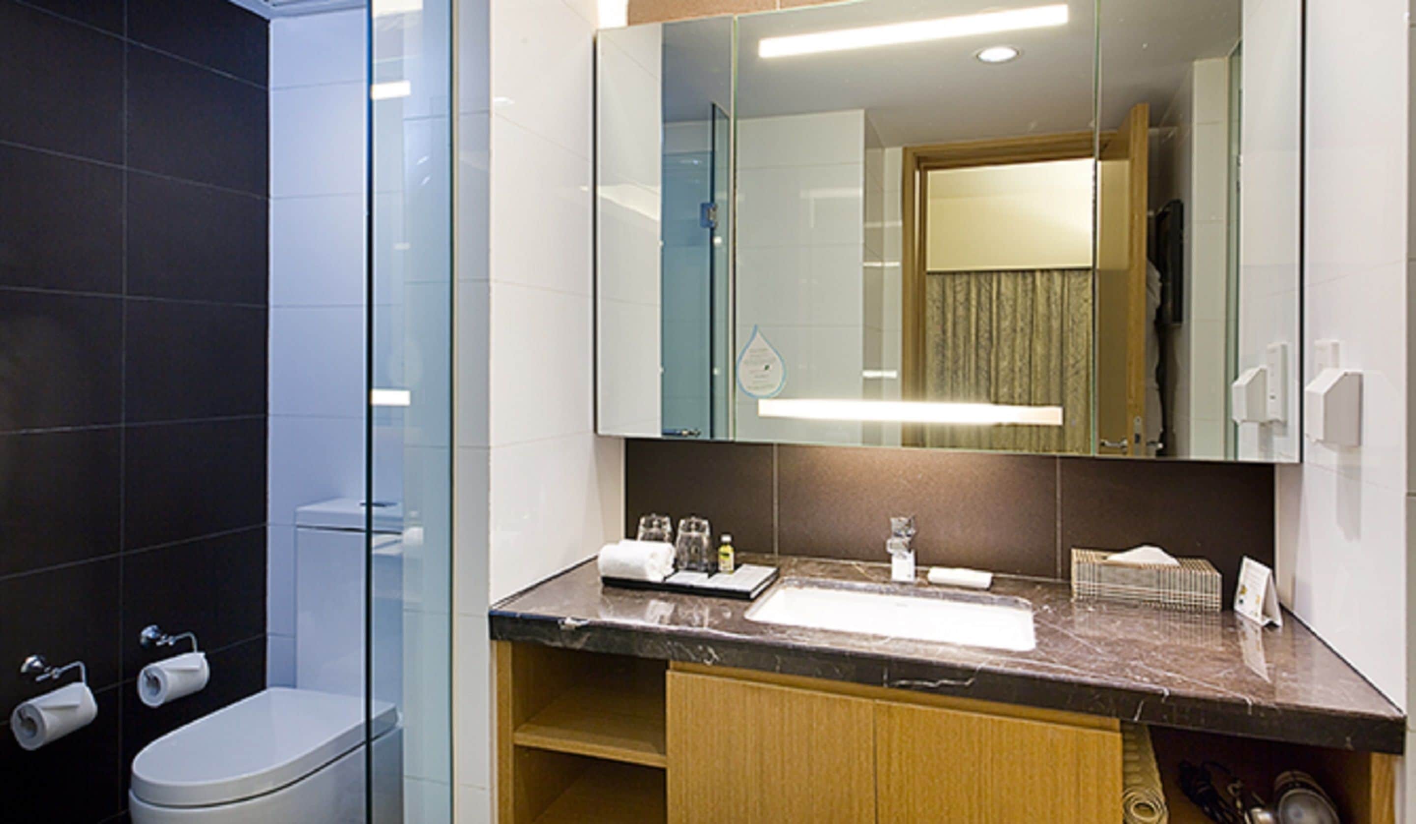 A modern bathroom with a glass shower enclosure, a toilet, a sink with a mirror above, and a countertop with toiletries.