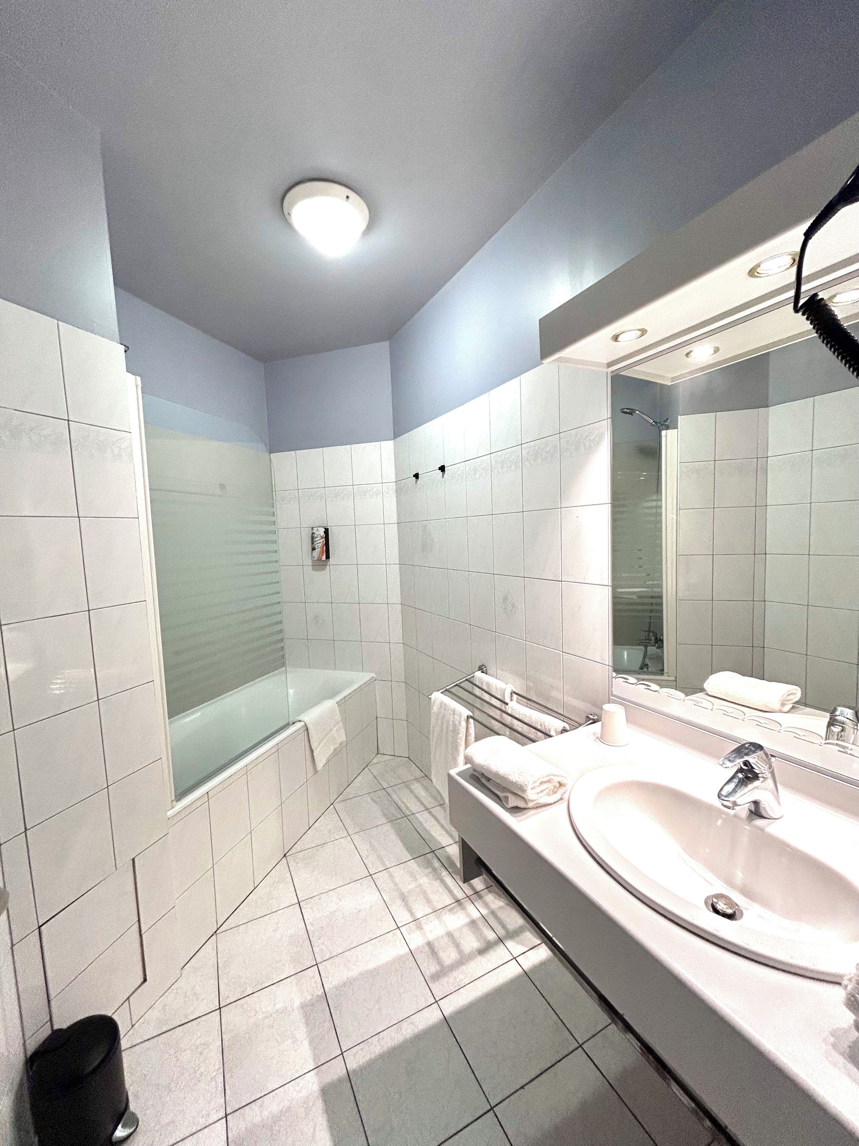 combined shower/bathtub, hydromassage showerhead, hair dryer, towels