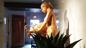 A statue of a seated figure in a hallway with a wooden door and a plant in the foreground.