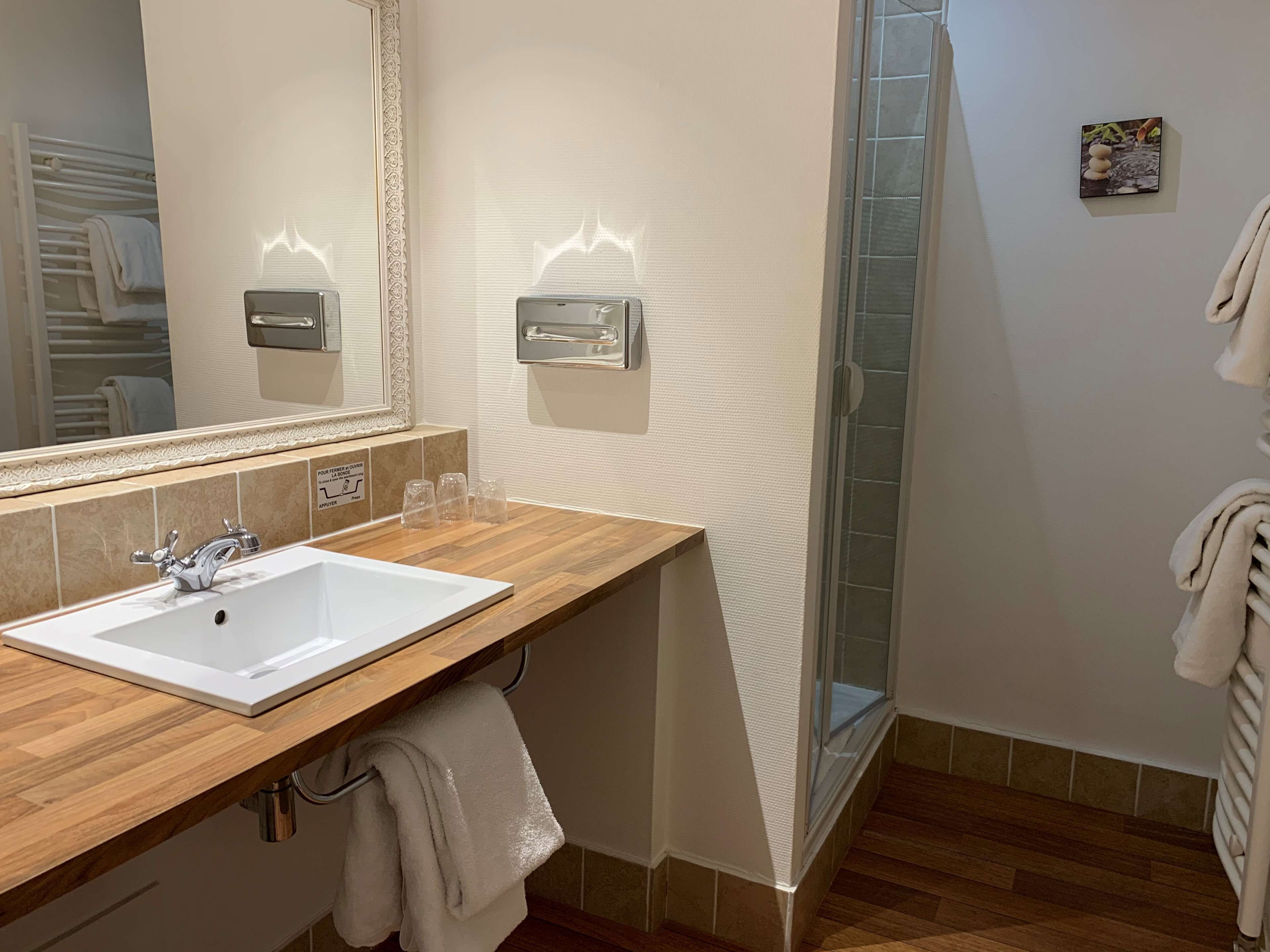 A bathroom with a white sink, a mirror, a towel rack, and a glass shower enclosure.