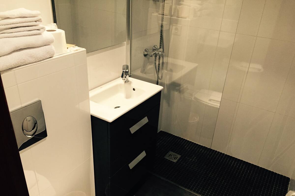 A bathroom with a white sink, a glass shower enclosure, and a toilet.