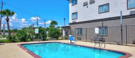 A rectangular swimming pool with a red brick border, surrounded by a fence and palm trees.