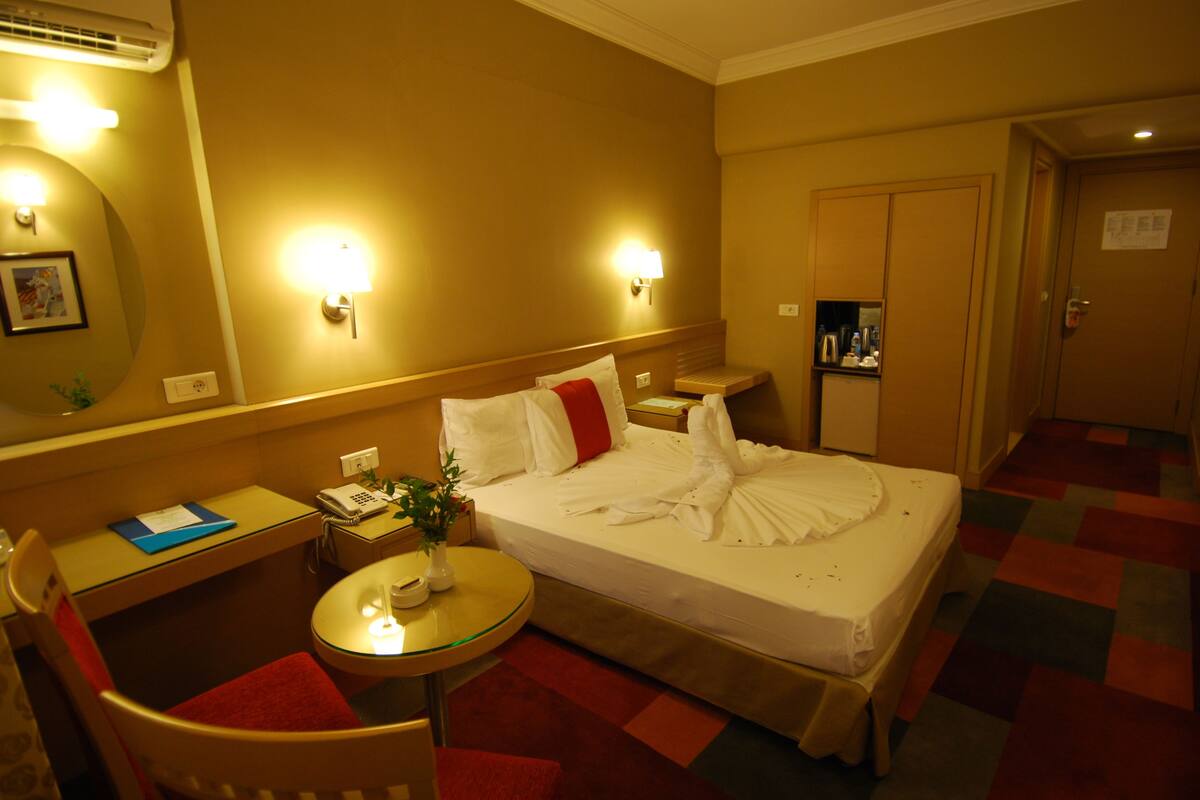 A hotel room with a bed, bedside table, chair, and a small table with a plant.
