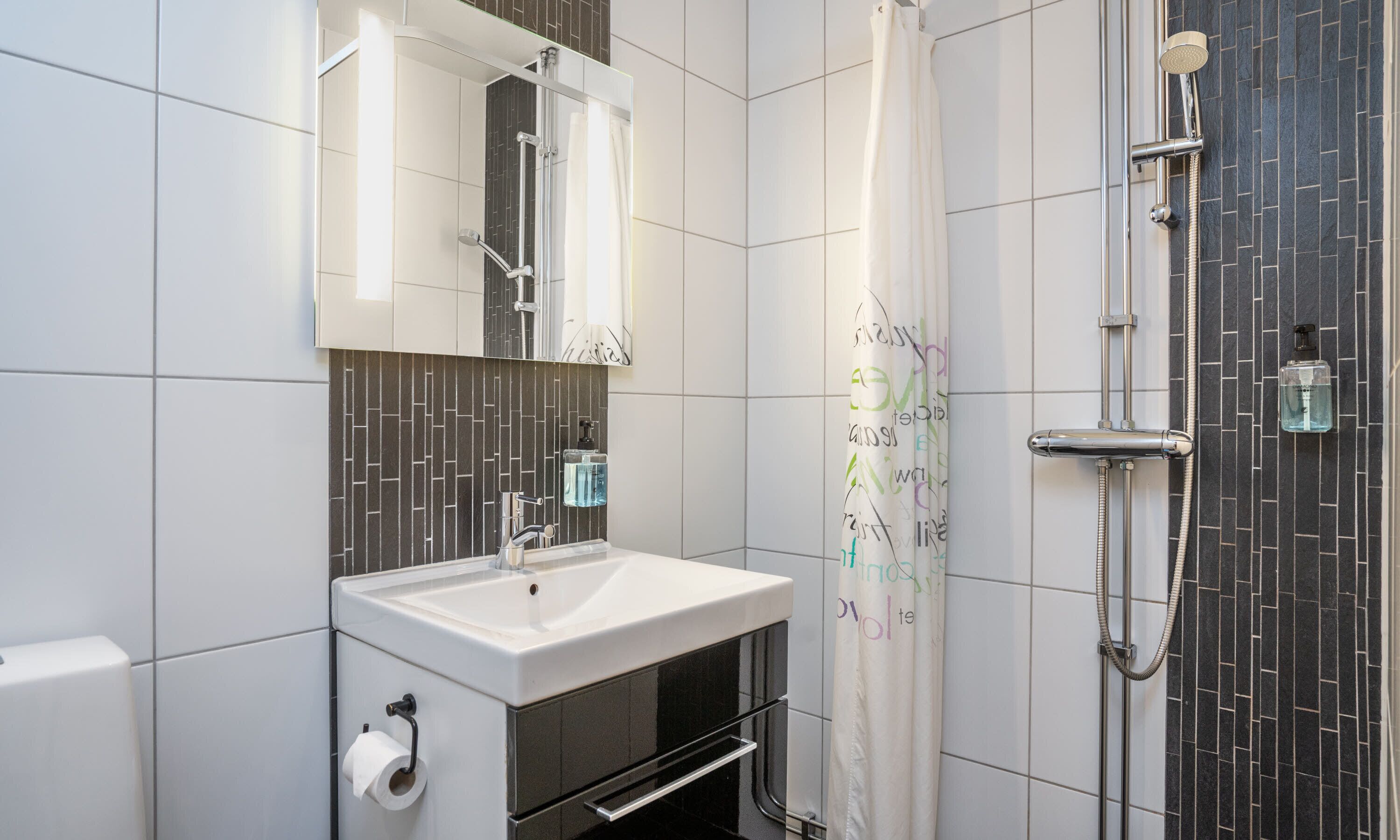 A modern bathroom with a white sink, a mirror, a shower with a handheld showerhead, and a tiled wall.