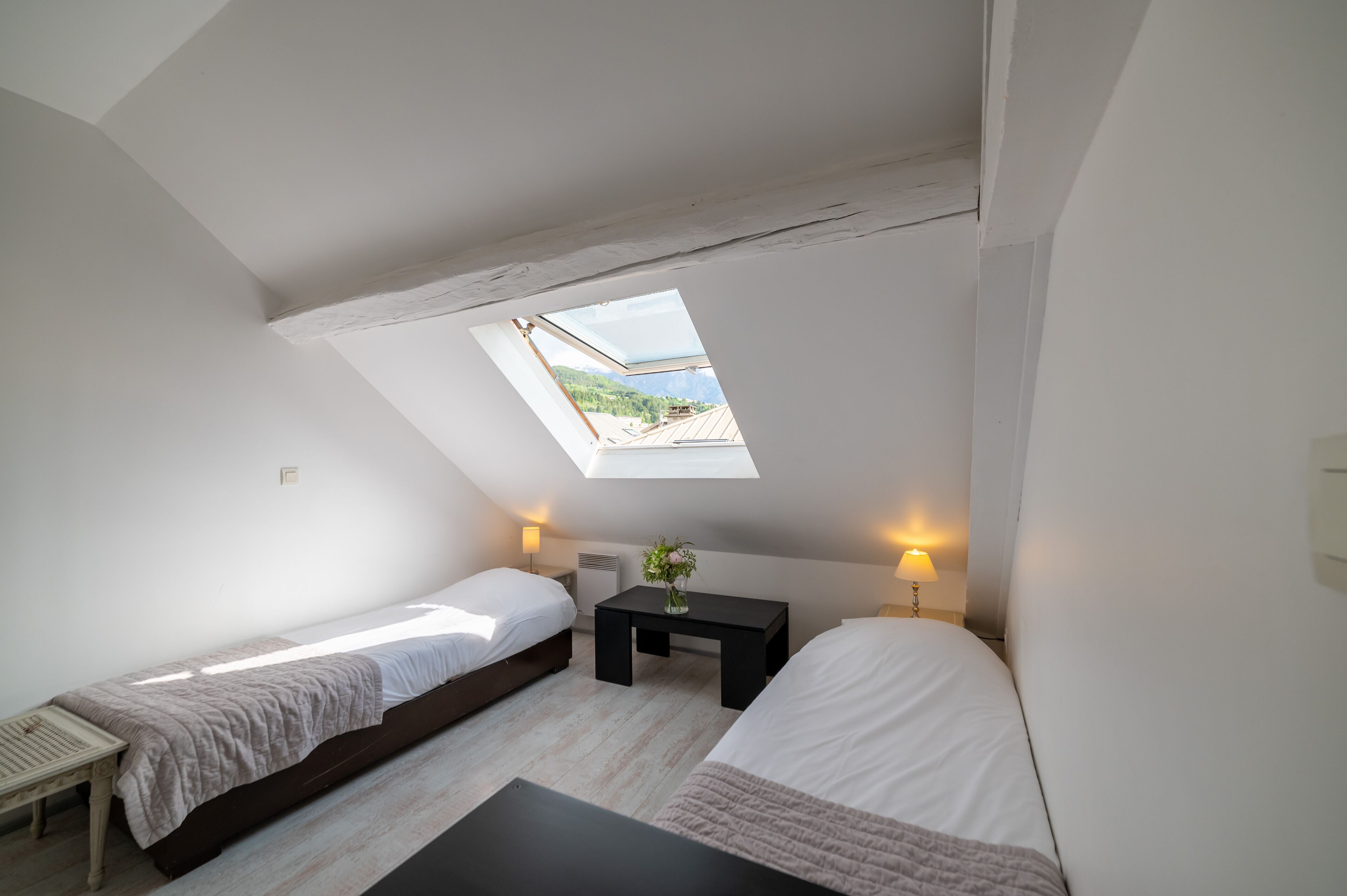 Une petite chambre mansardée, bien éclairée, avec deux lits, une lucarne et une petite table sur laquelle est posée une plante.
