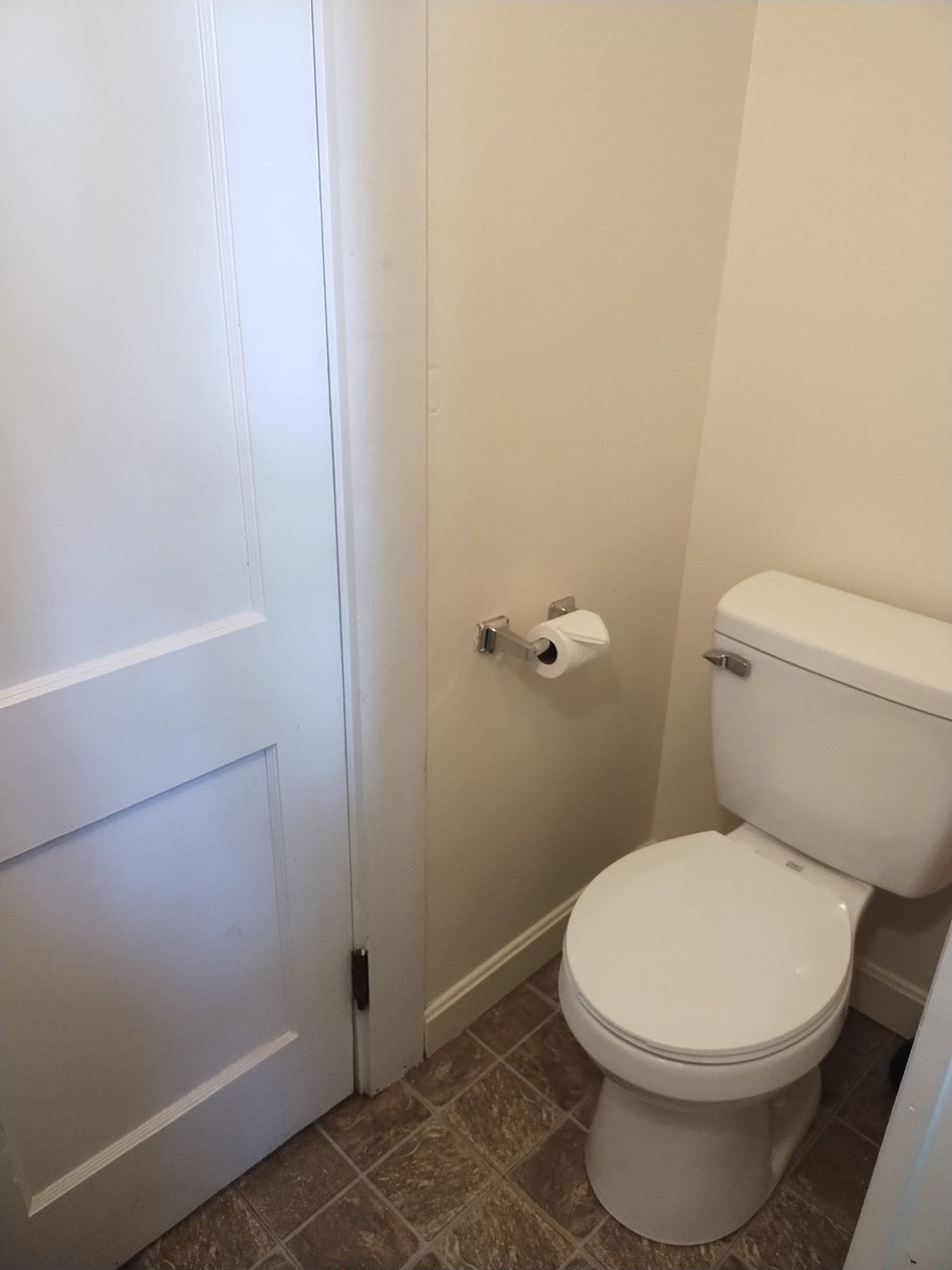 A bathroom with a toilet, a roll of toilet paper, and a closed door.