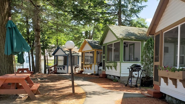 Una hilera de cabañas de madera con ventanas grandes, una mesa de picnic y un árbol.