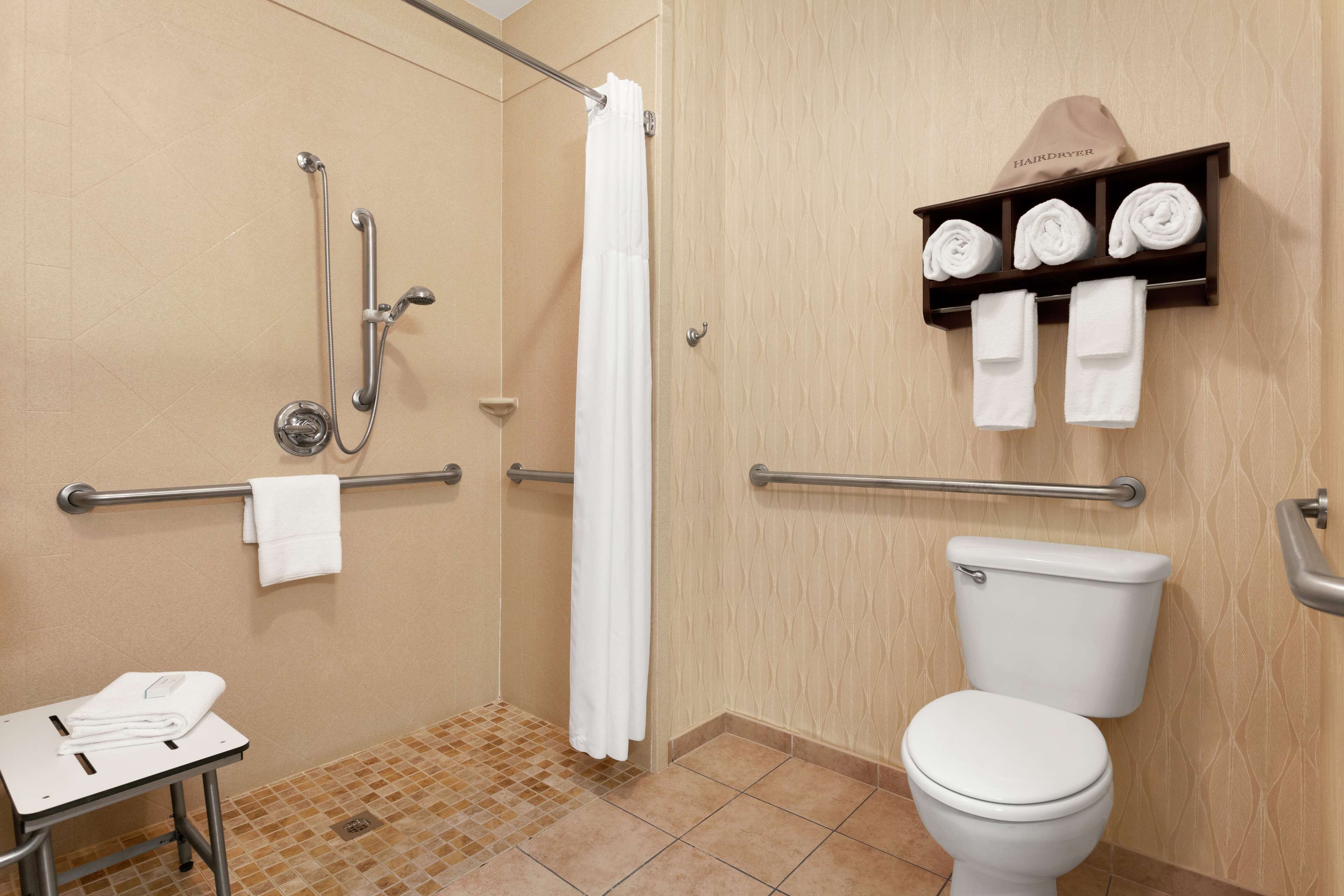 A bathroom with a shower, toilet, and a towel rack with towels.