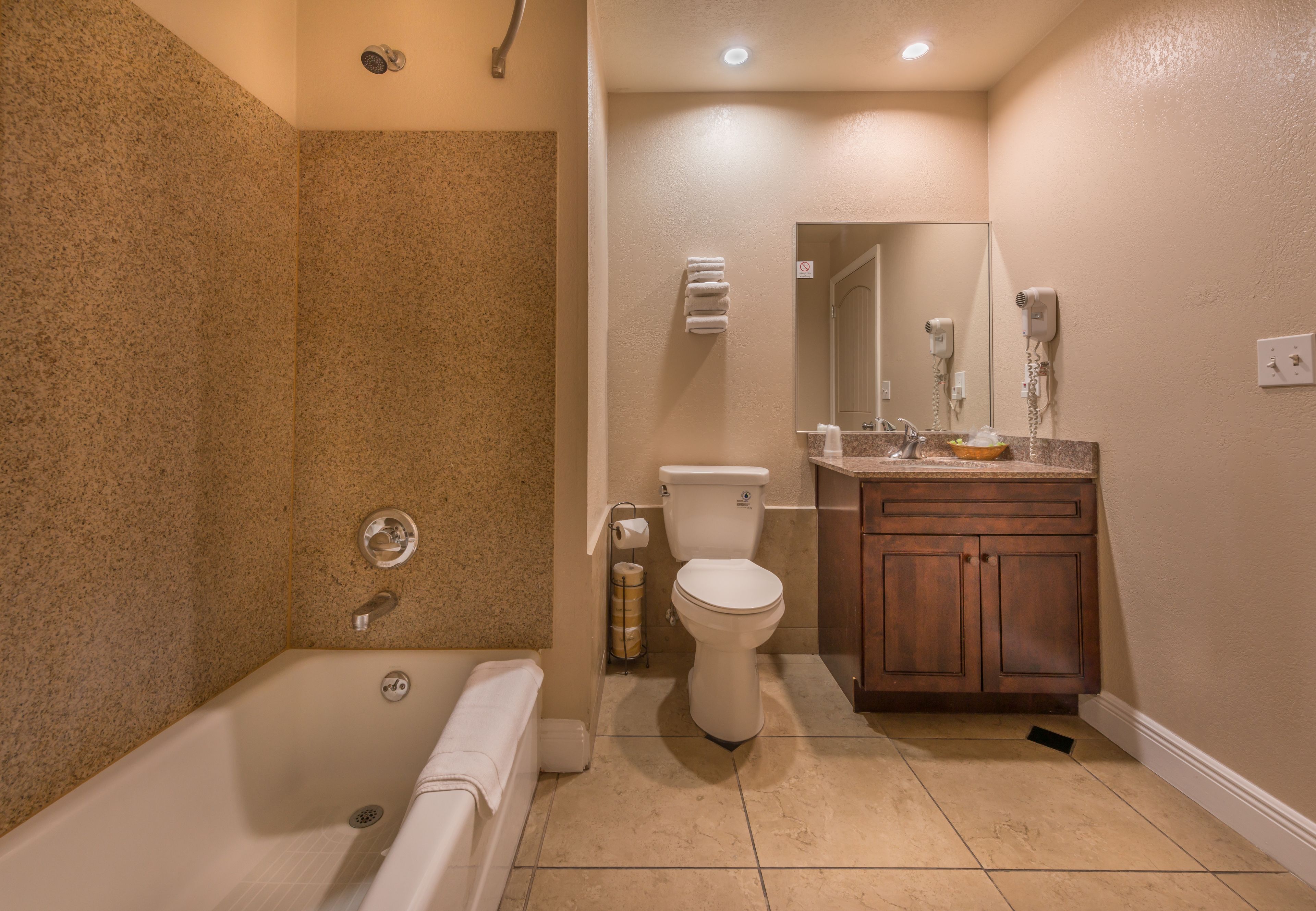 combined shower/bathtub, hair dryer, towels