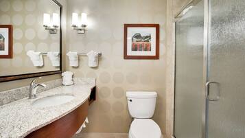 A bathroom with a granite countertop sink, a white toilet, a framed picture on the wall, and a shower area.