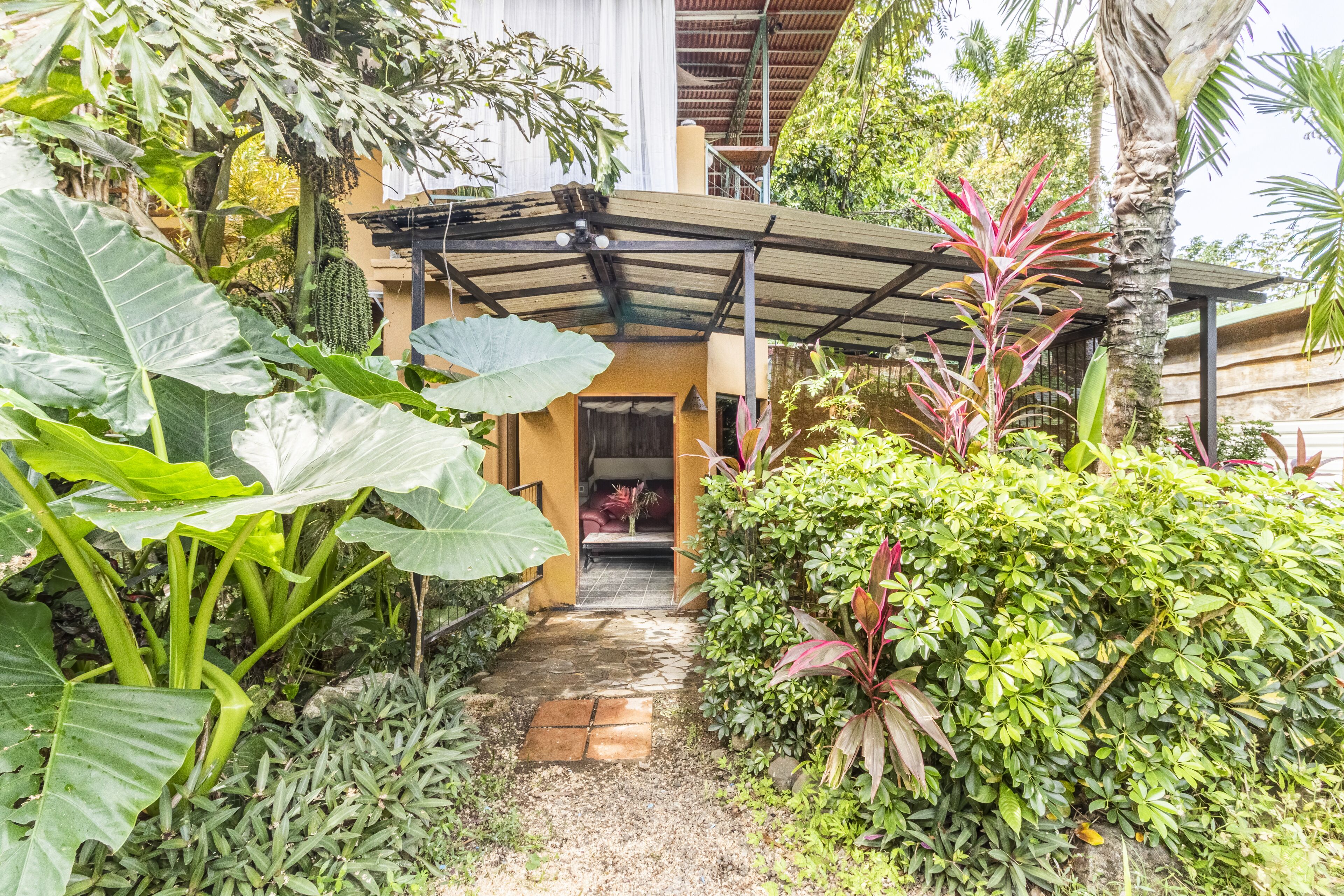 A tropical garden pathway leading to a covered structure with a tiled floor.
