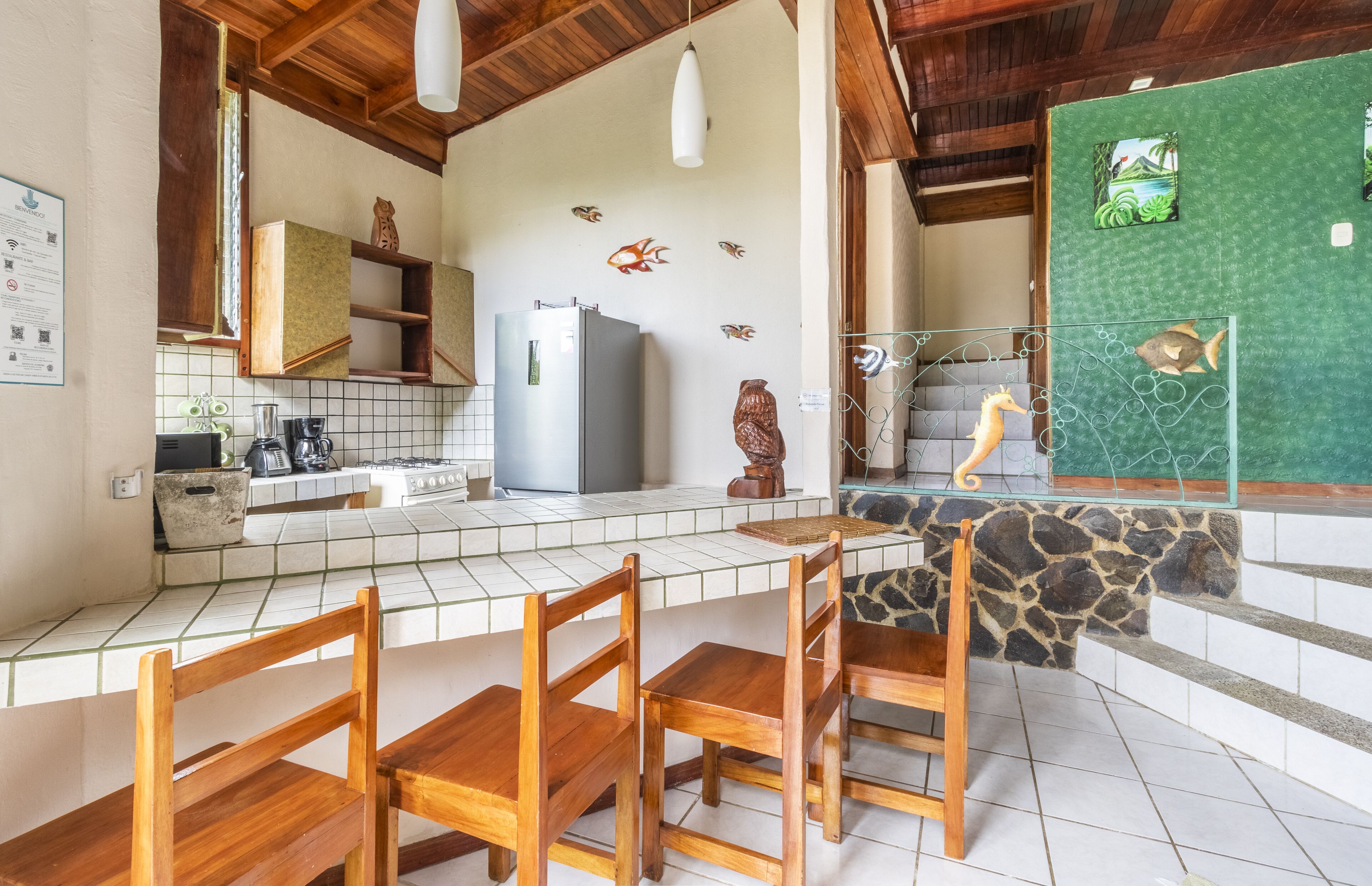 fridge, coffee/tea maker, eco-friendly cleaning products, freezer