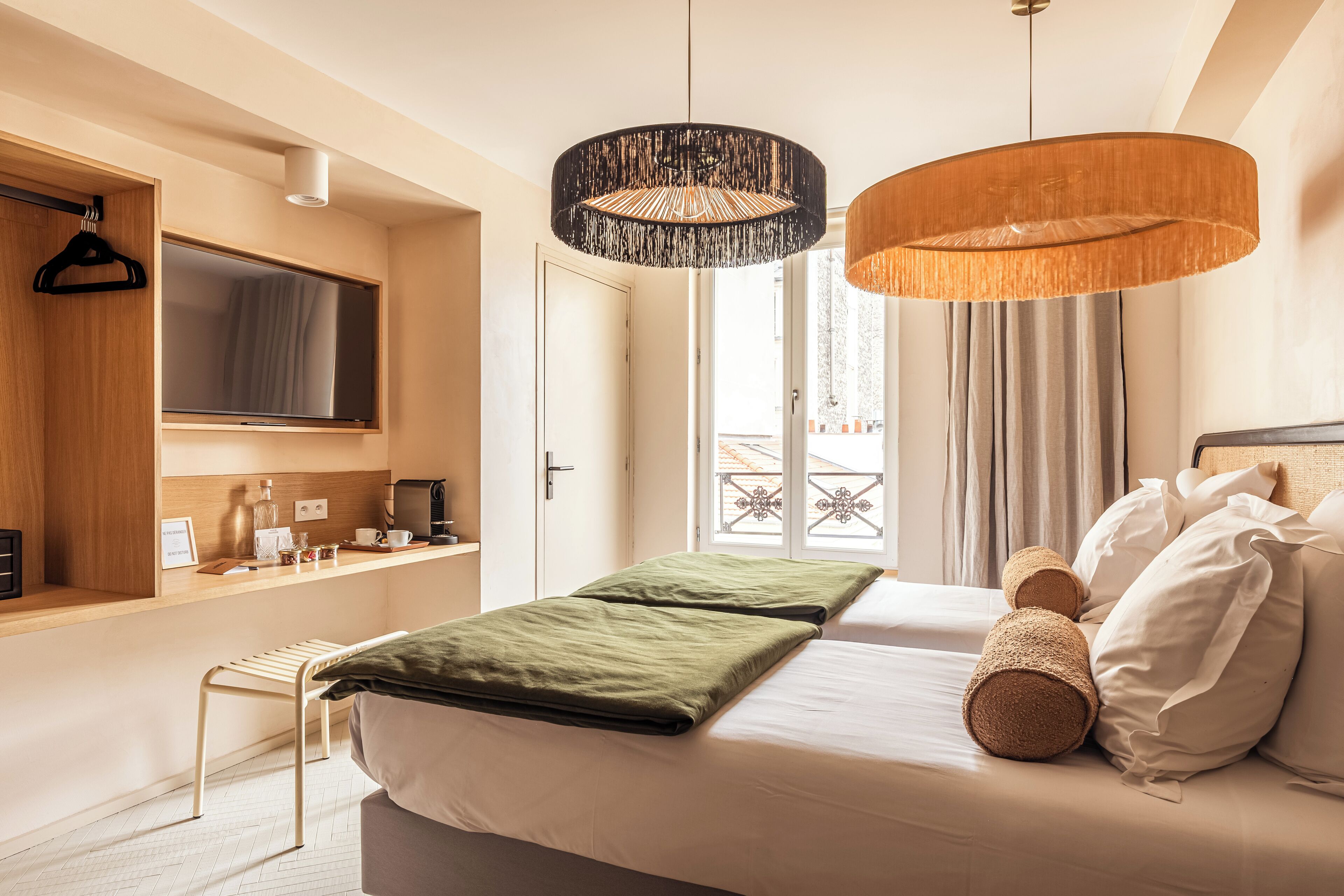 Premium bedding, desk, laptop workspace, blackout curtains