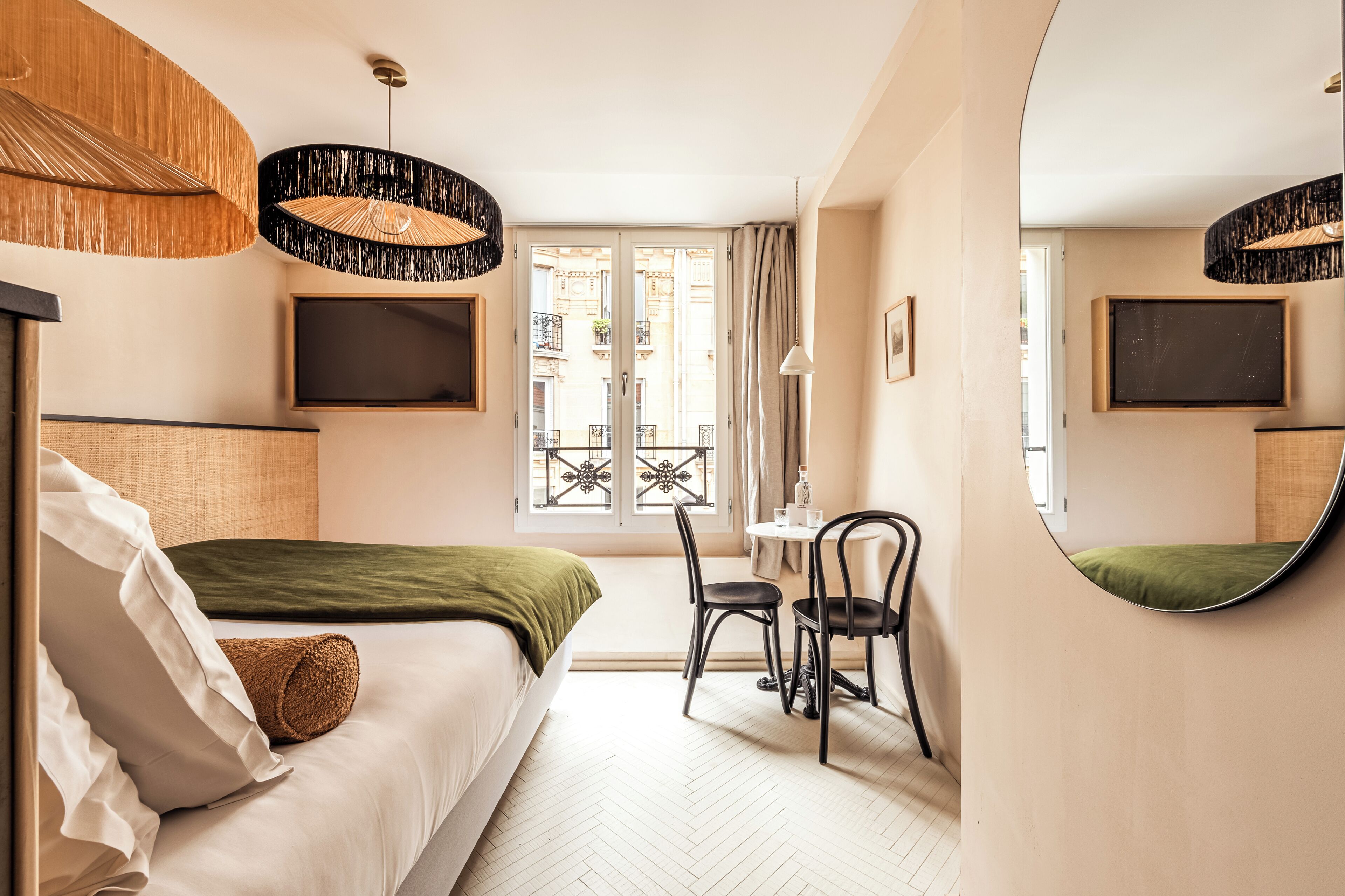 Premium bedding, desk, laptop workspace, blackout curtains