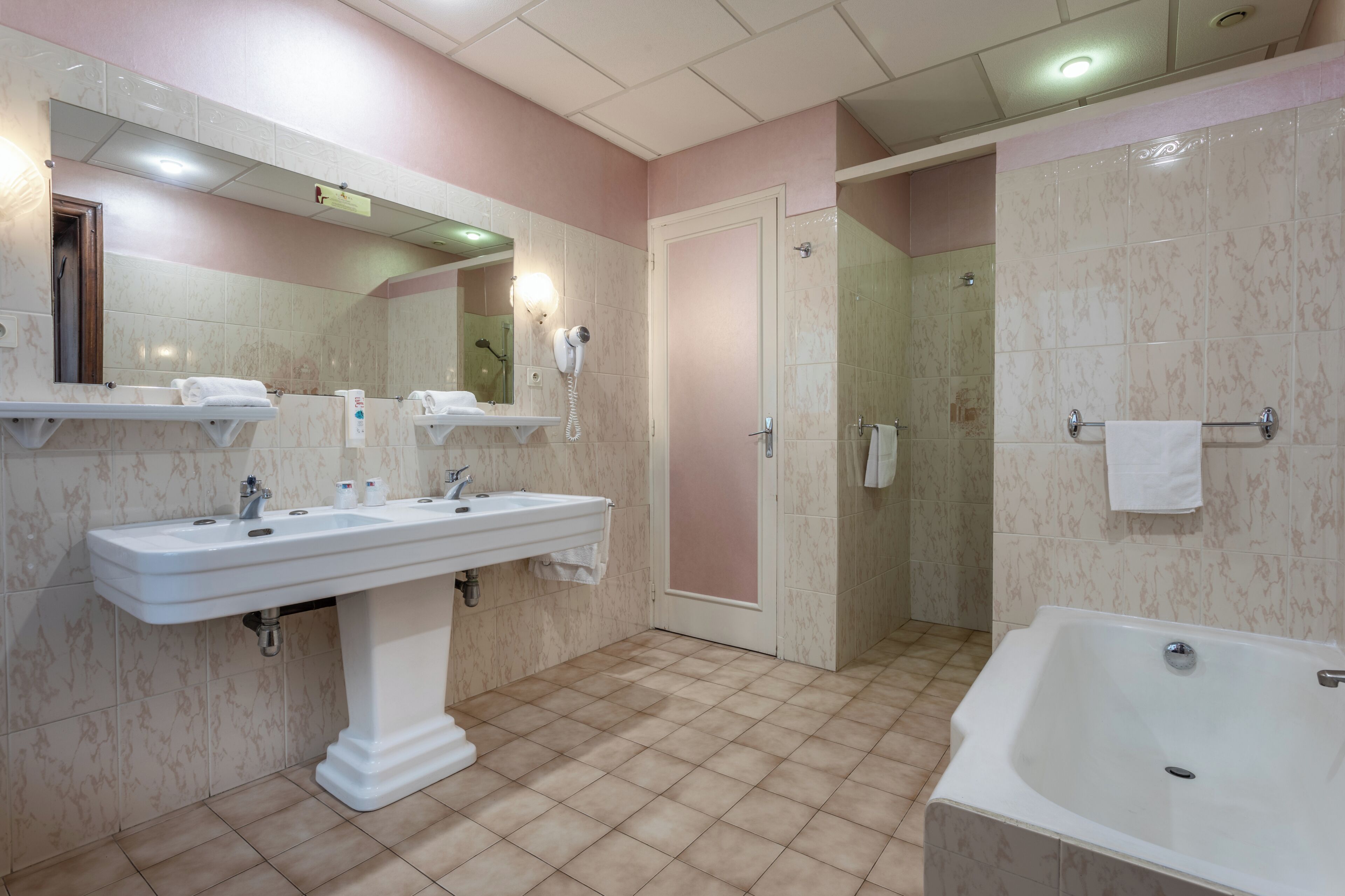 Une salle de bain avec un grand lavabo, un miroir, une douche et une baignoire.