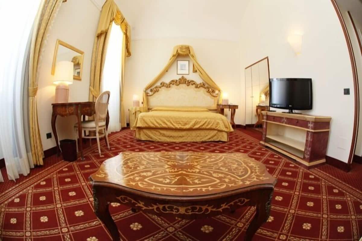 A bedroom with a large bed, a television, a bedside table, and a decorative rug.