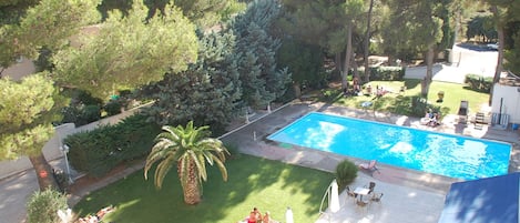 Seasonal outdoor pool, pool umbrellas, sun loungers