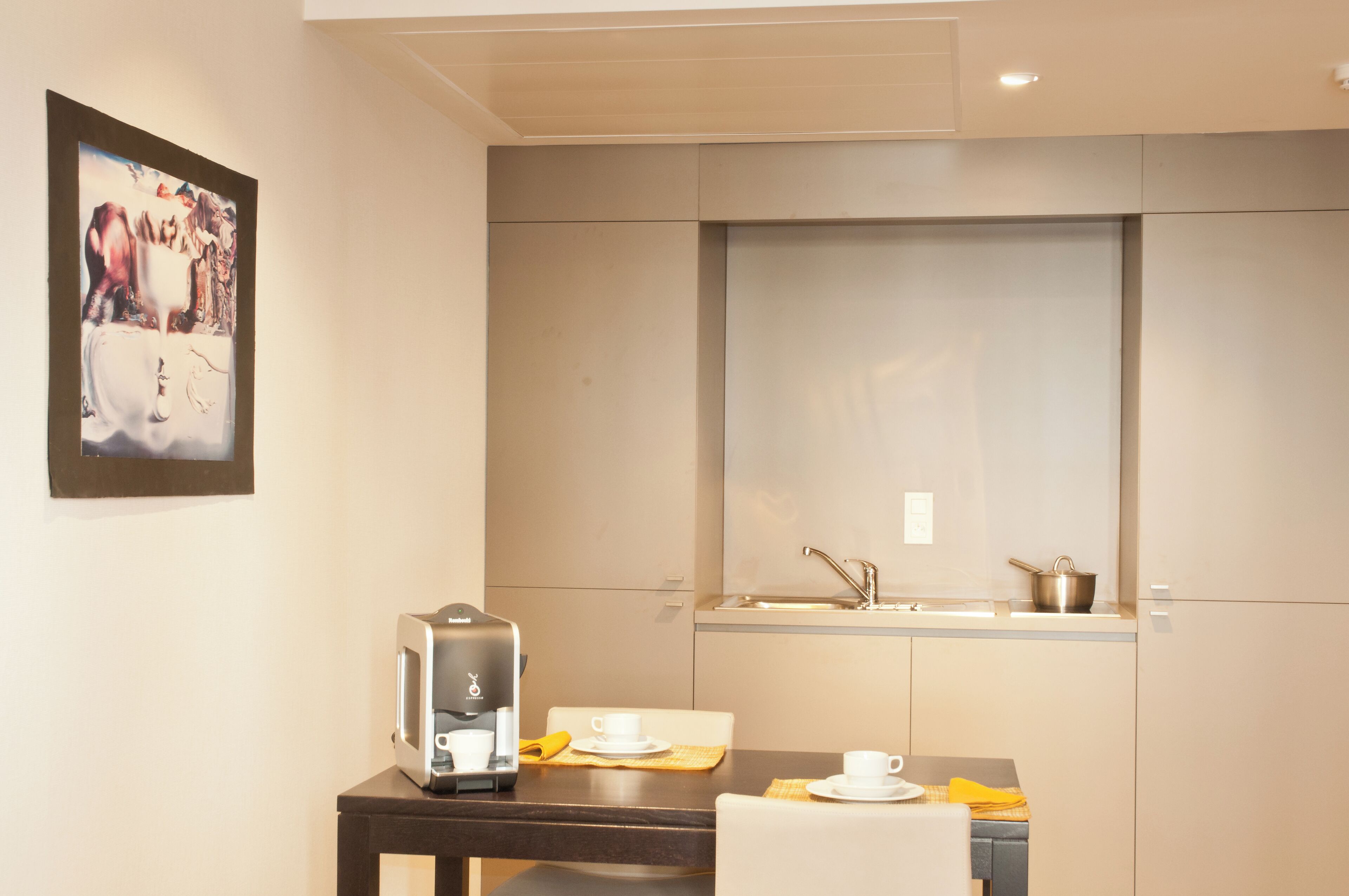 Une cuisine moderne équipée d’une machine à café, d’un évier et d’un petit plan de travail.