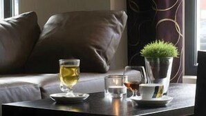 Una sala de estar moderna con un sofá oscuro, una mesa de vidrio con bebidas y una pequeña planta en maceta.