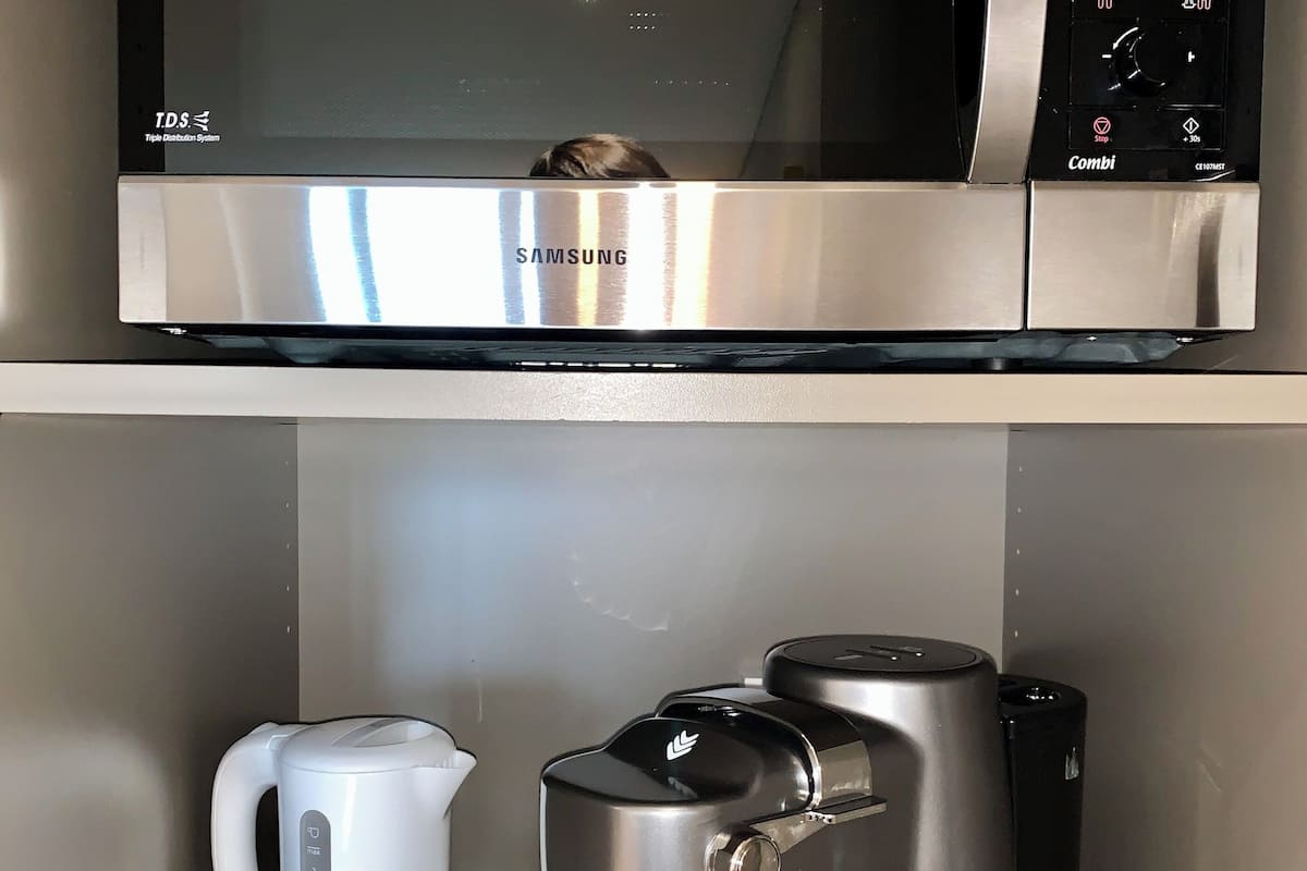 fridge, espresso maker, coffee/tea maker, electric kettle