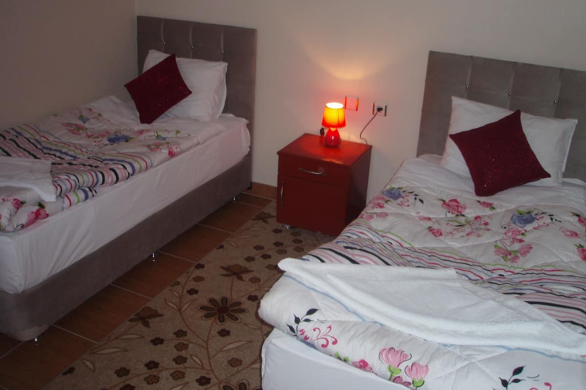 A bedroom with two beds, each with floral bedding and red pillows. There is a nightstand with a lamp between the beds.