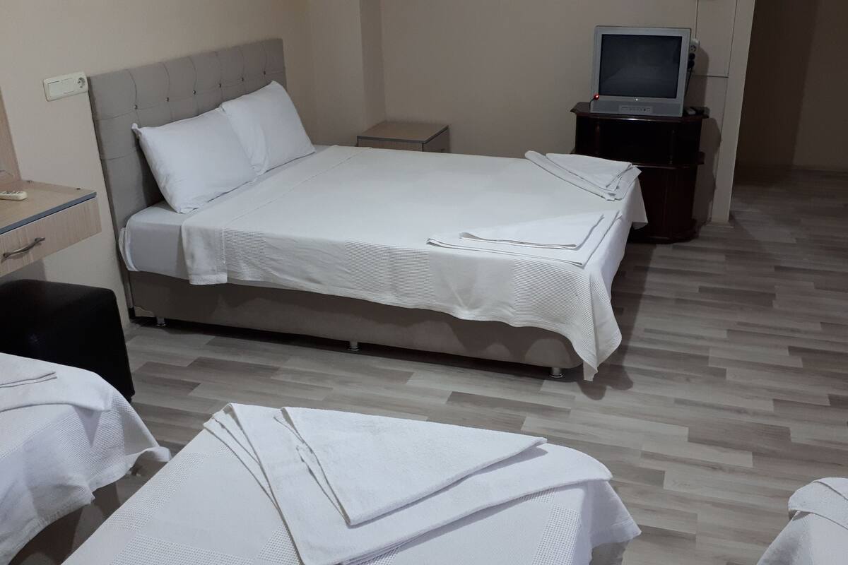 A hotel room with a bed, a TV on a stand, a desk with a chair, and a bathroom area.