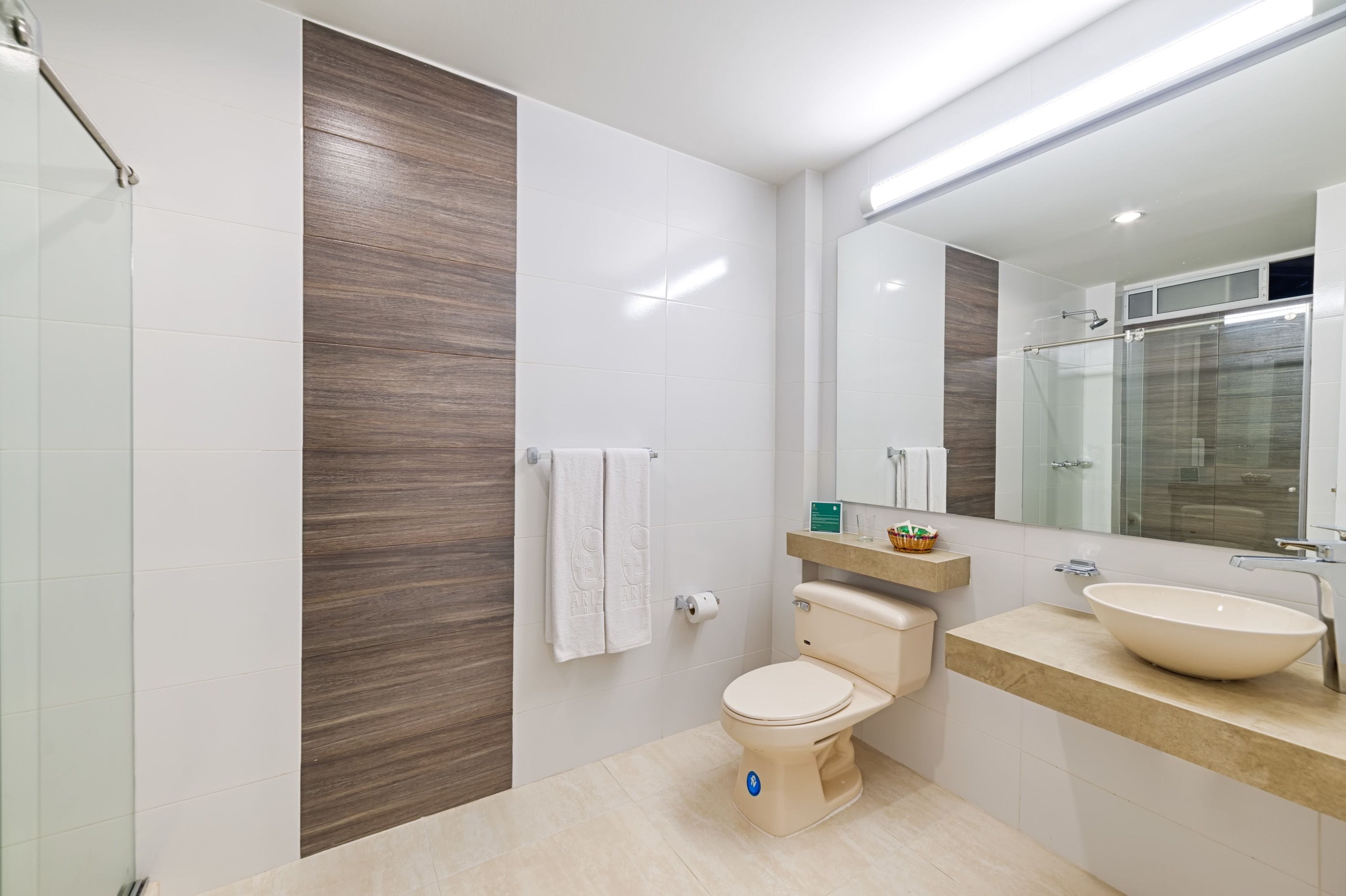 shower, rainfall showerhead, designer toiletries, hair dryer