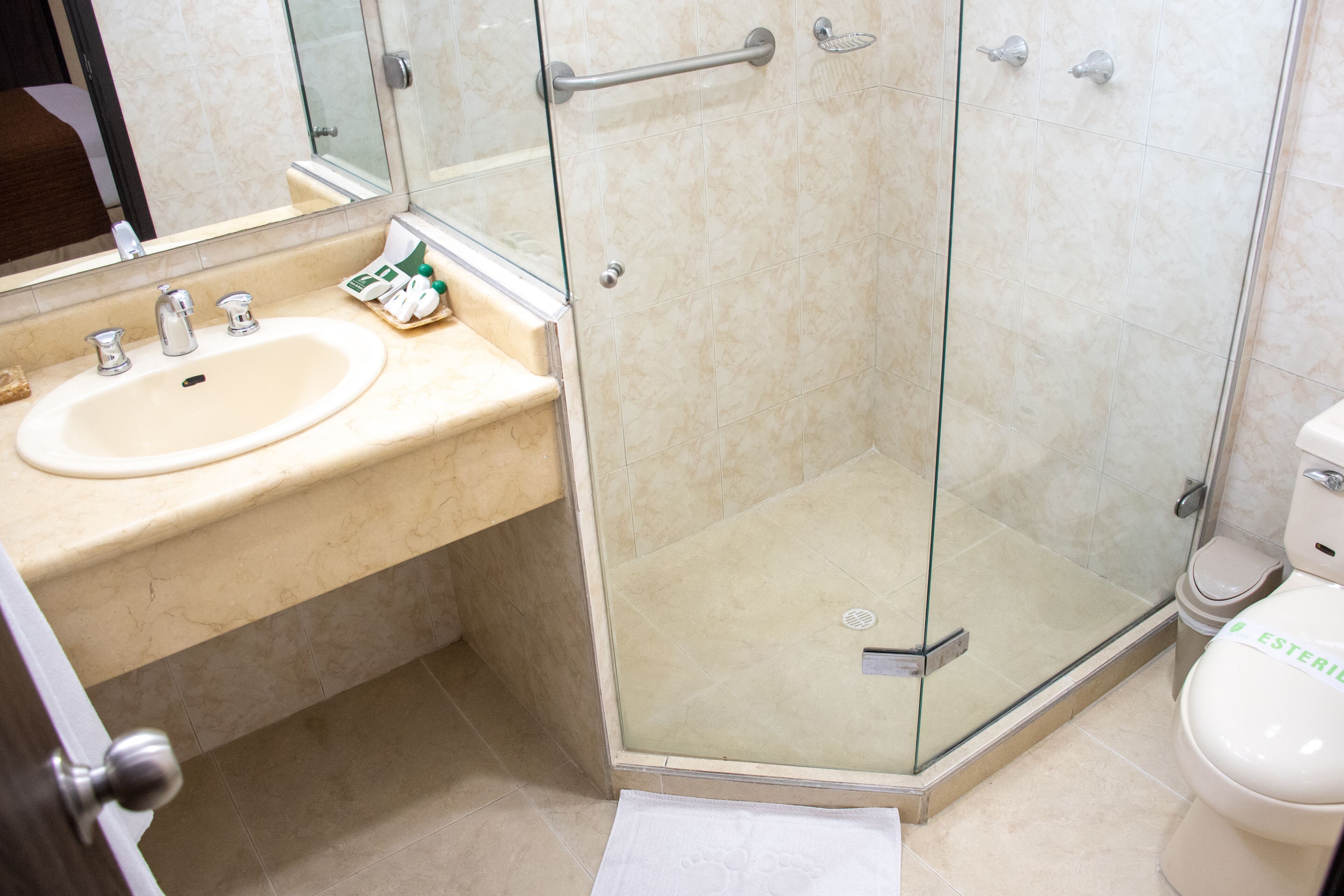 A bathroom with a glass-enclosed shower, a sink, and a toilet.