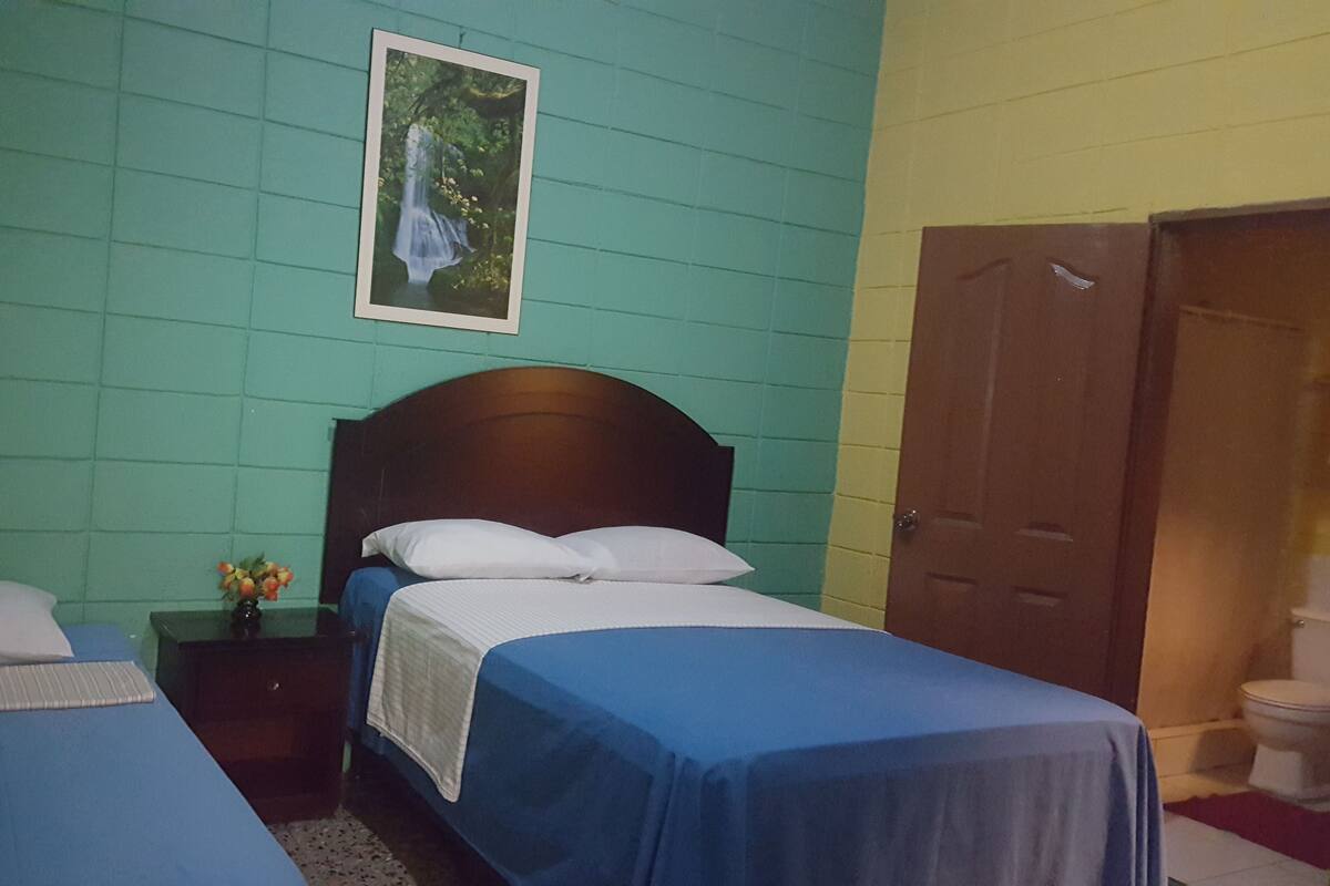 Una habitación con dos camas, una mesita de noche con un jarrón de flores, un cuadro en la pared y una puerta a la derecha.