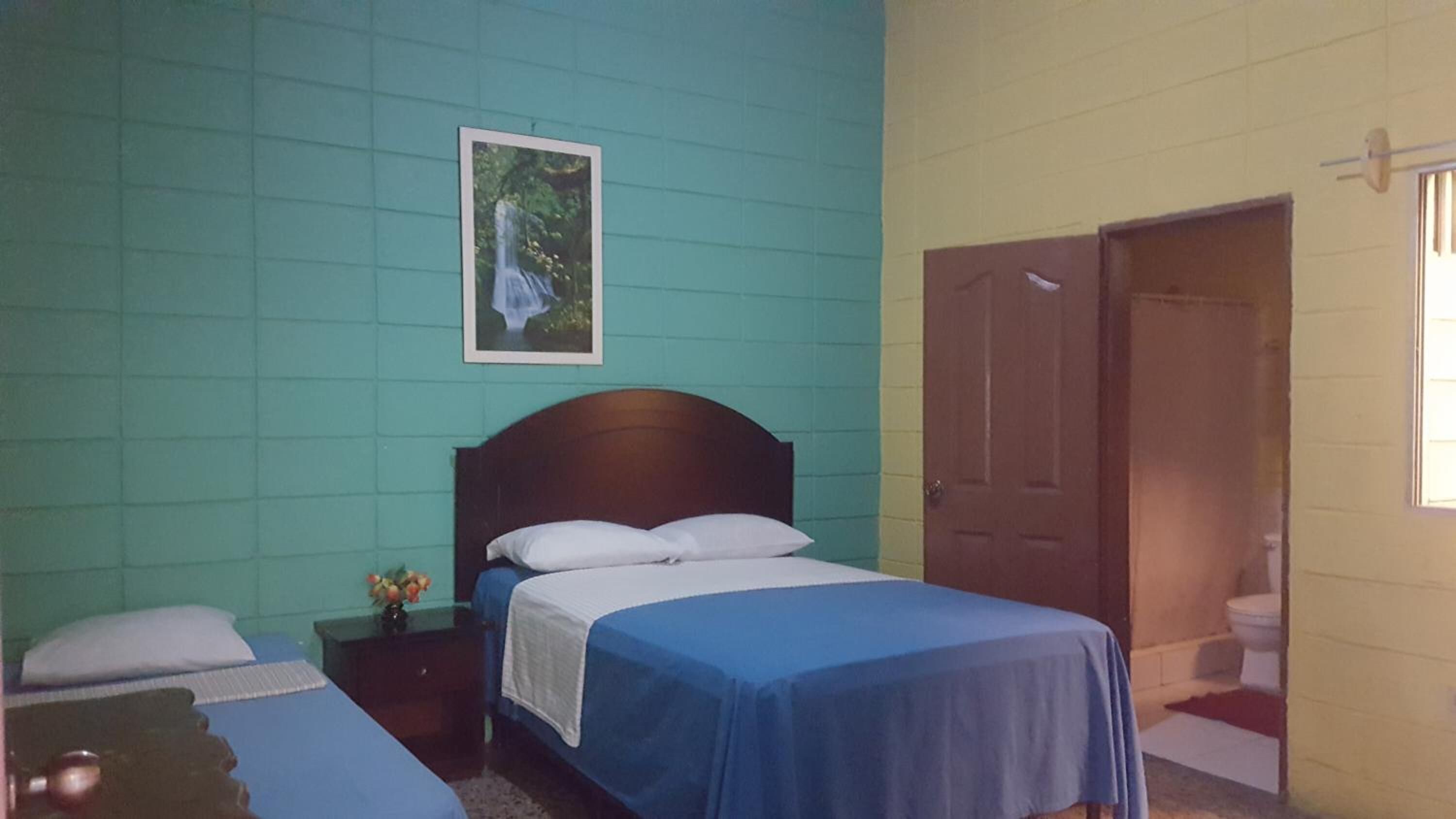 Un dormitori amb un llit, una tauleta de nit, una porta i un quadre penjat a la paret.