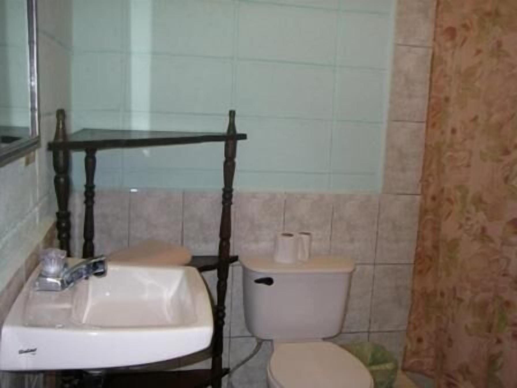 Une salle de bain avec un lavabo blanc, des toilettes et une étagère en bois.