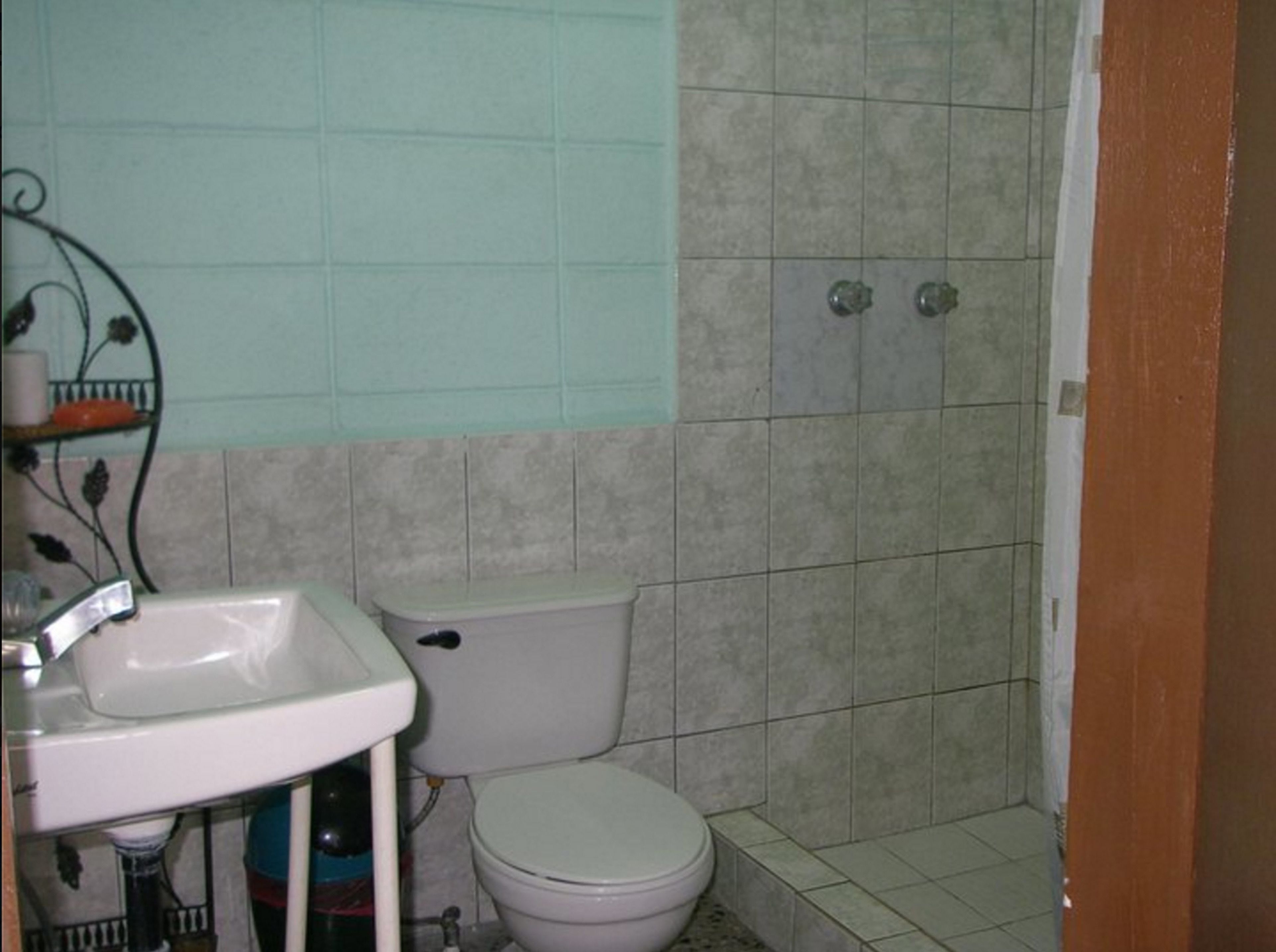 A small bathroom with a toilet, sink, and shower area.