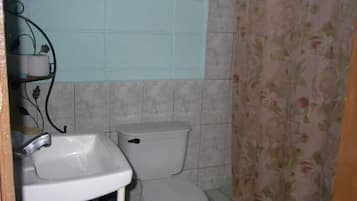 A bathroom with a white sink, toilet, and floral-patterned shower curtain.