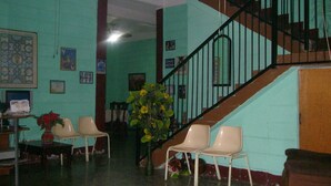 A room with teal walls, a wooden staircase, and a large plant.