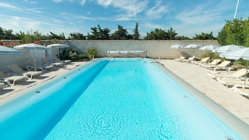 Seasonal outdoor pool, pool umbrellas, sun loungers