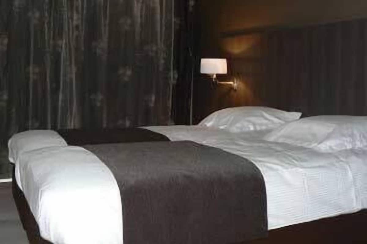 Una cama doble con cabecera oscura y una lámpara de noche.