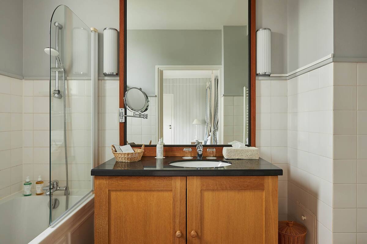 free toiletries, hair dryer, slippers, towels