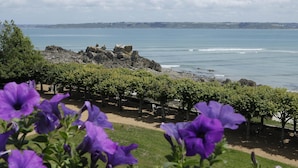 A coastal view with rocky formations, a clear sky, and a row of trees in the foreground. - Le Grand Hotel des Bains & Spa - Bretagne (Locquirec)