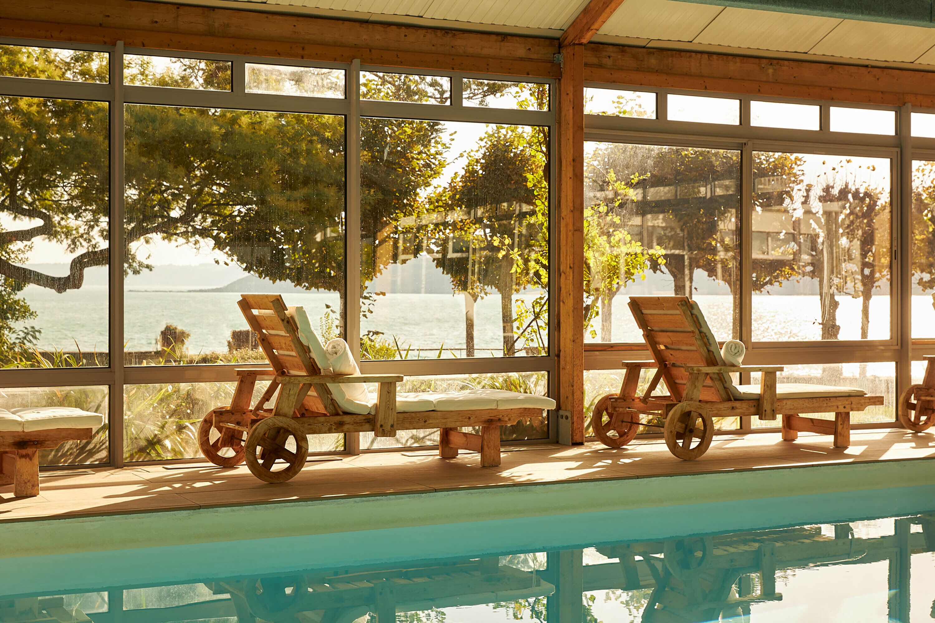 indoor pool, pool loungers