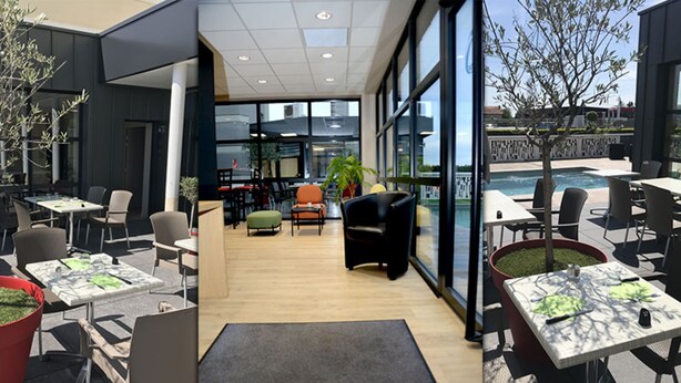 An indoor/outdoor dining area with tables, chairs, and a pool view.