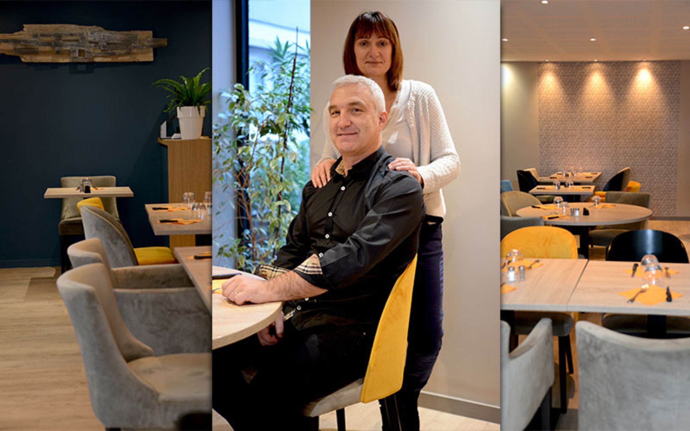 A modern dining area with round tables, comfortable seating, and a plant in the corner.