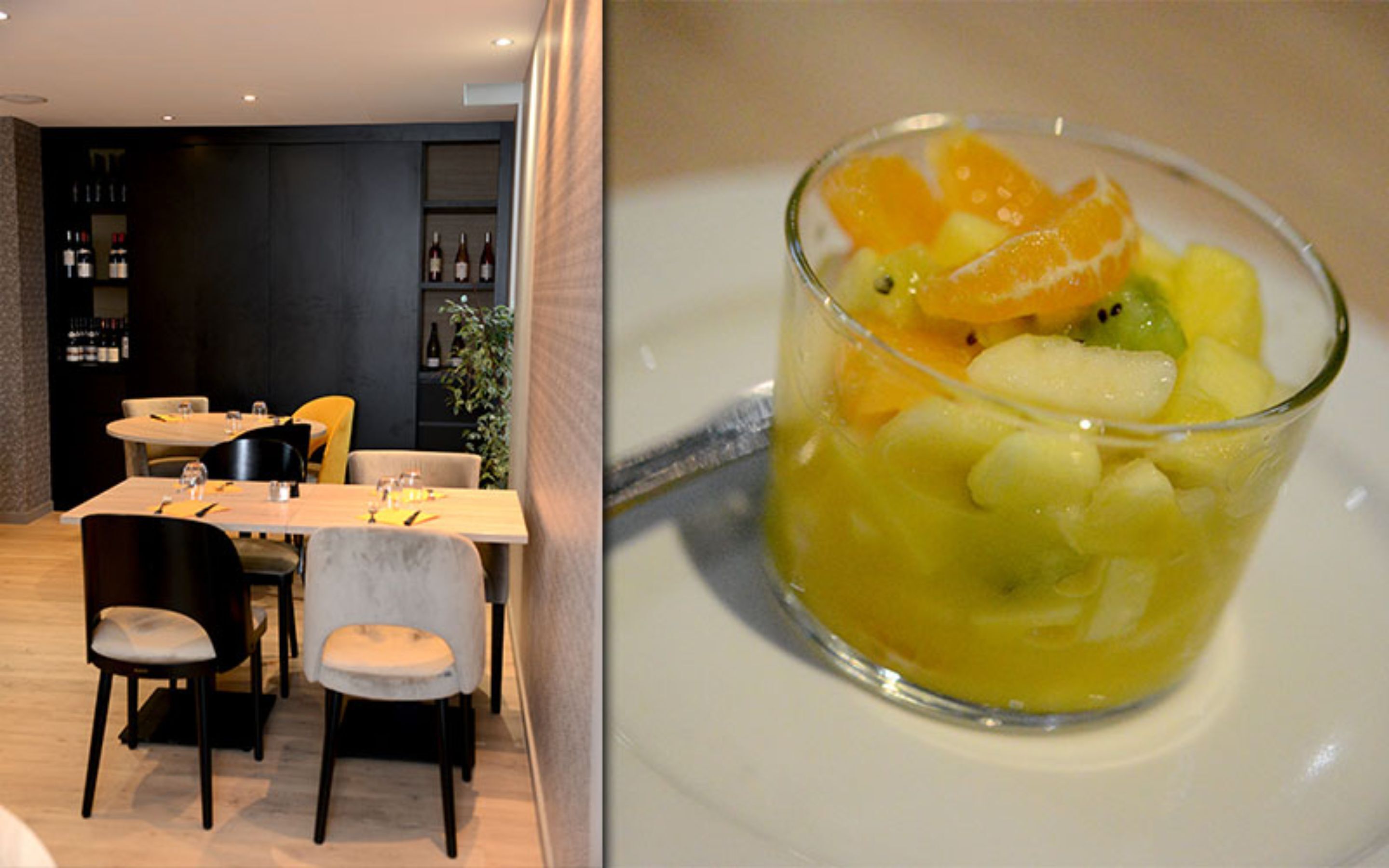 A modern dining area with tables and chairs, and a glass of fruit cocktail.