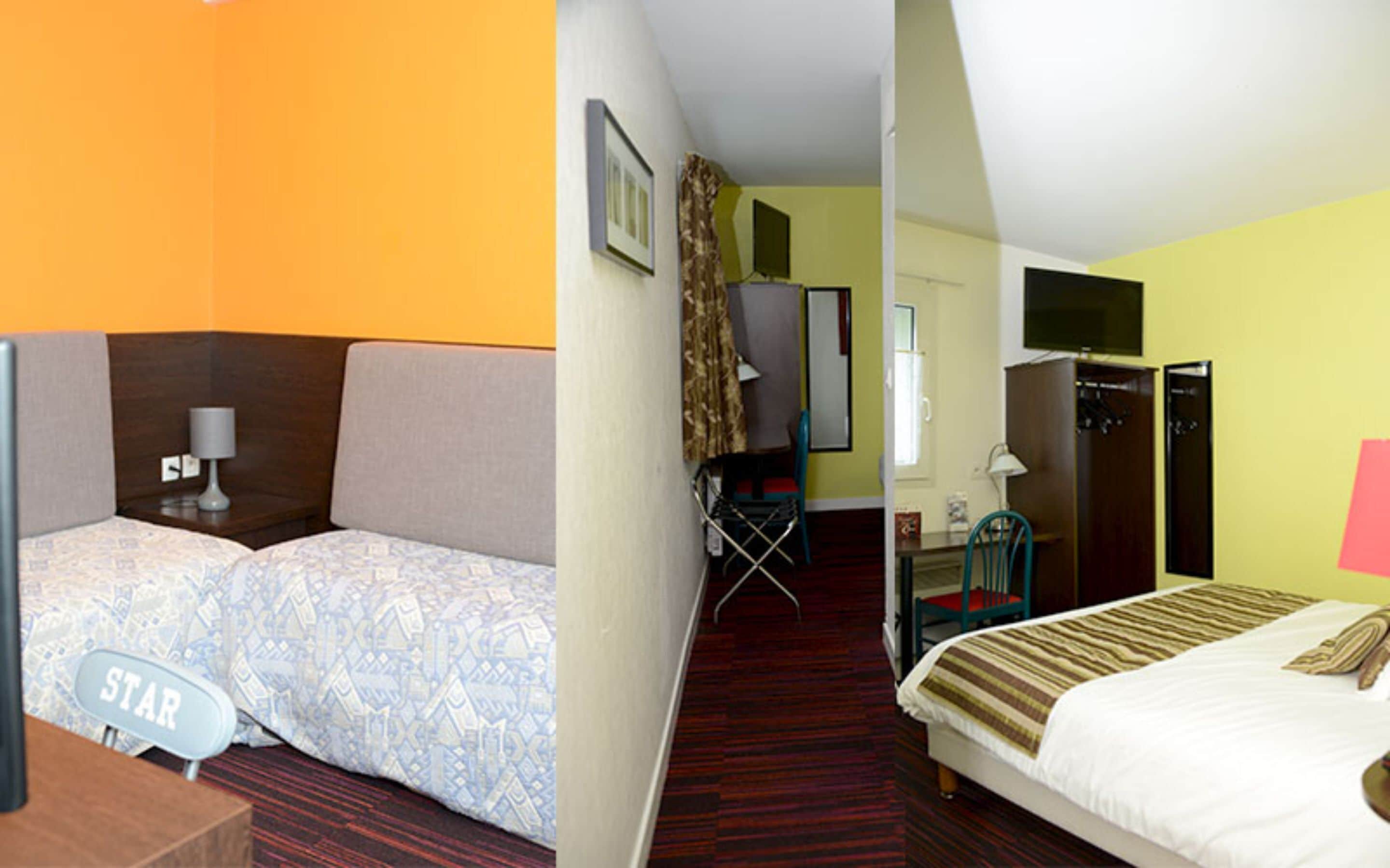 A hotel room with a bed, a desk, a chair, and a wardrobe.