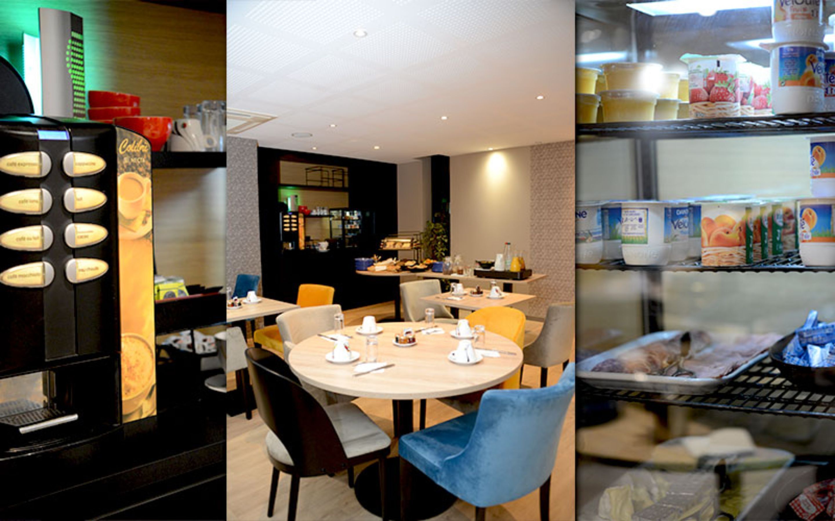 A dining area with round tables and chairs, a coffee machine, and shelves with beverages and snacks.