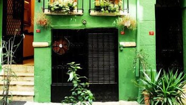 Un edificio verde con puerta negra, un balcón con plantas y una pequeña escalera que lleva a la entrada.
