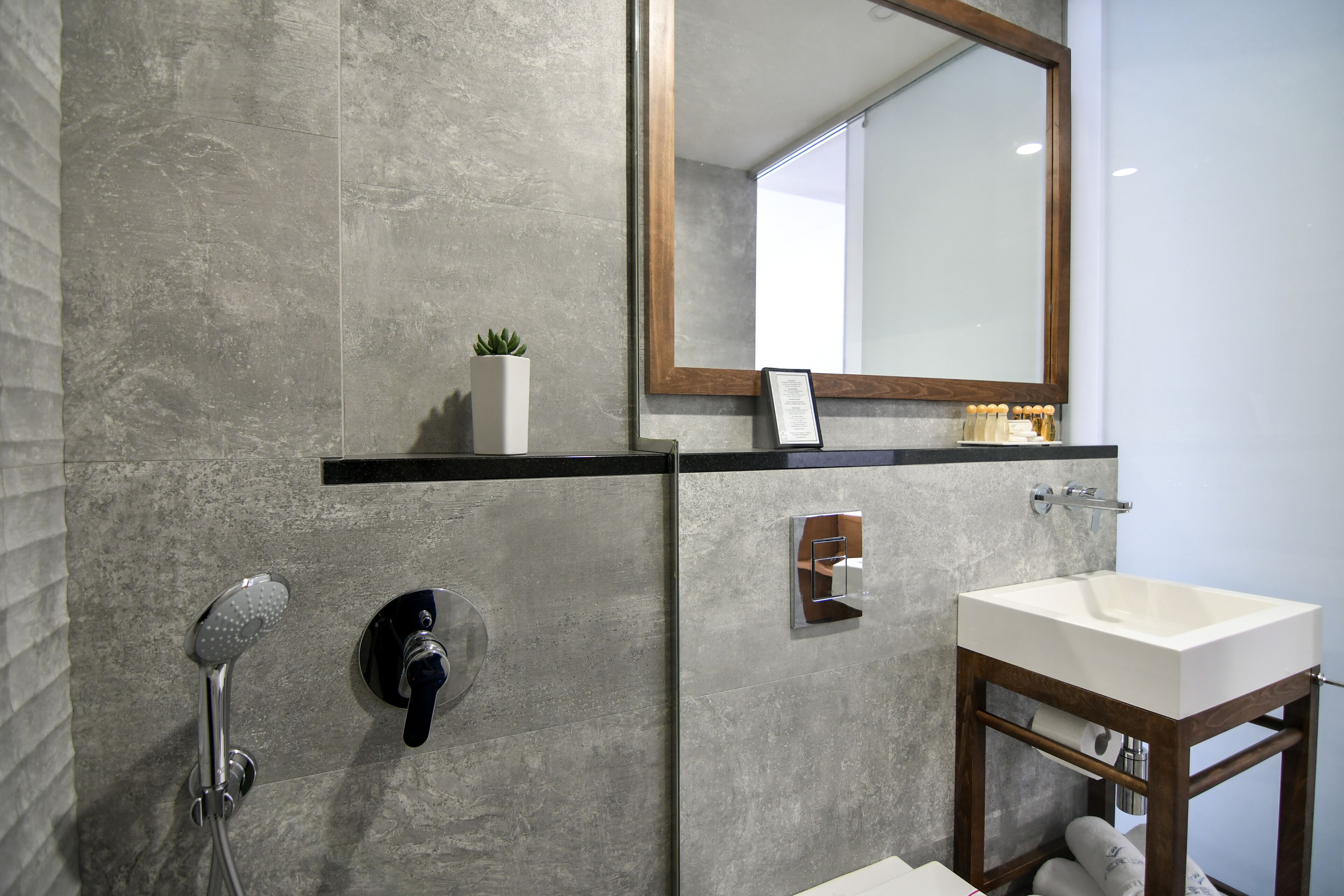 A modern bathroom with a large mirror, a shower, a sink, and a small plant.
