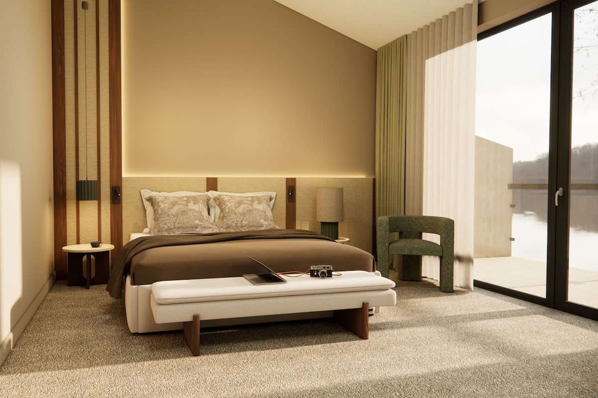 2 bedrooms, desk, blackout drapes, soundproofing