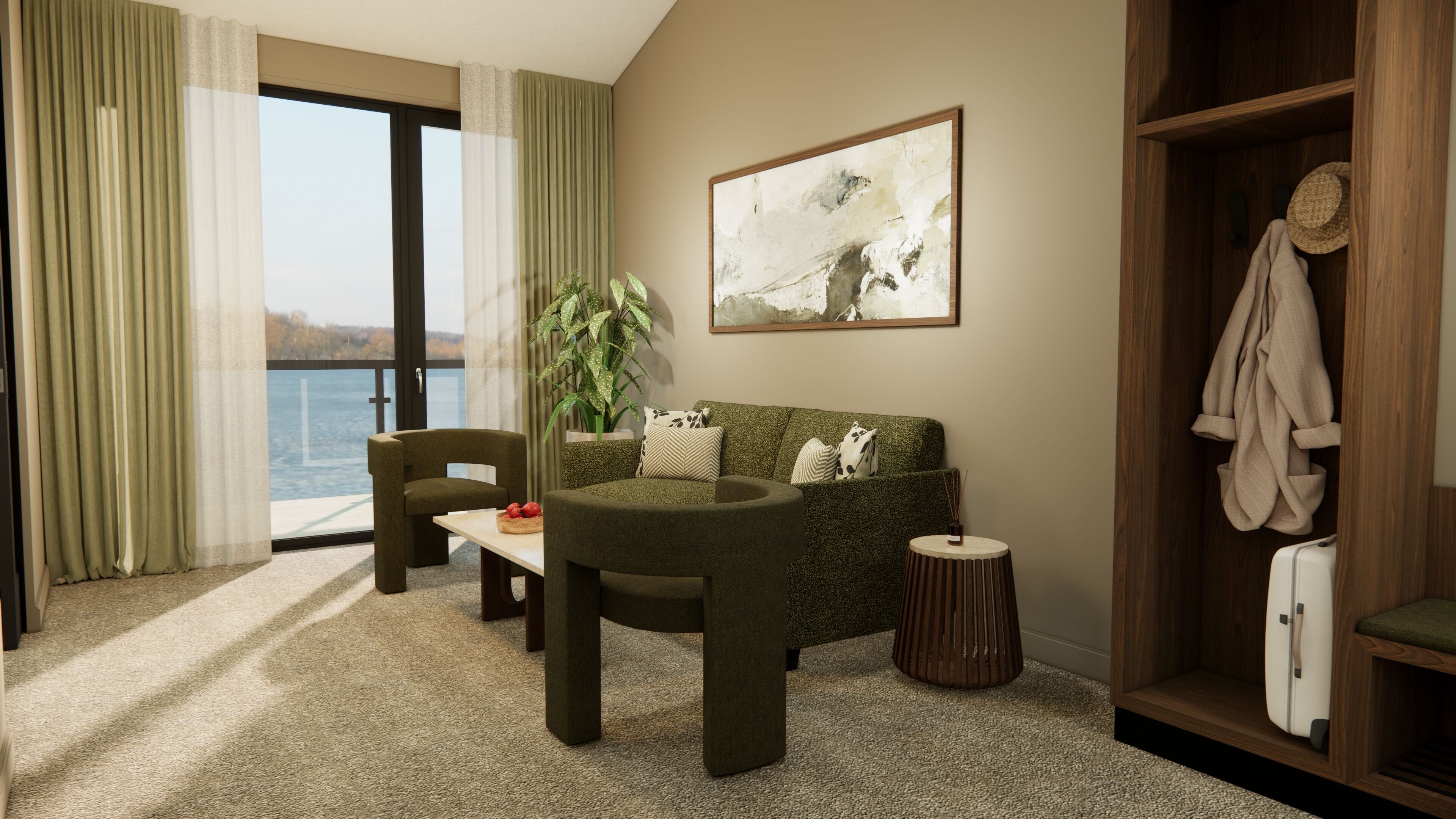 deluxe suite, sauna, lake view | living area | tv