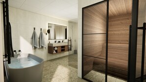A modern bathroom with a freestanding bathtub, a wooden vanity, a large mirror, and a glass shower enclosure. - Hällsnäs (Mölnlycke)